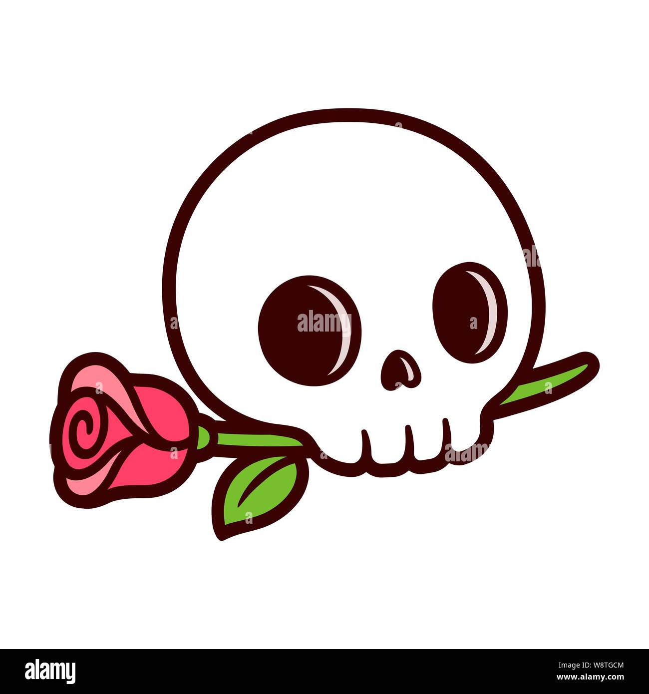Cartoon cranio con rose, tatuaggio tradizionale design in semplice stile carino. Vettore isolato clip art illustrazione. Illustrazione Vettoriale