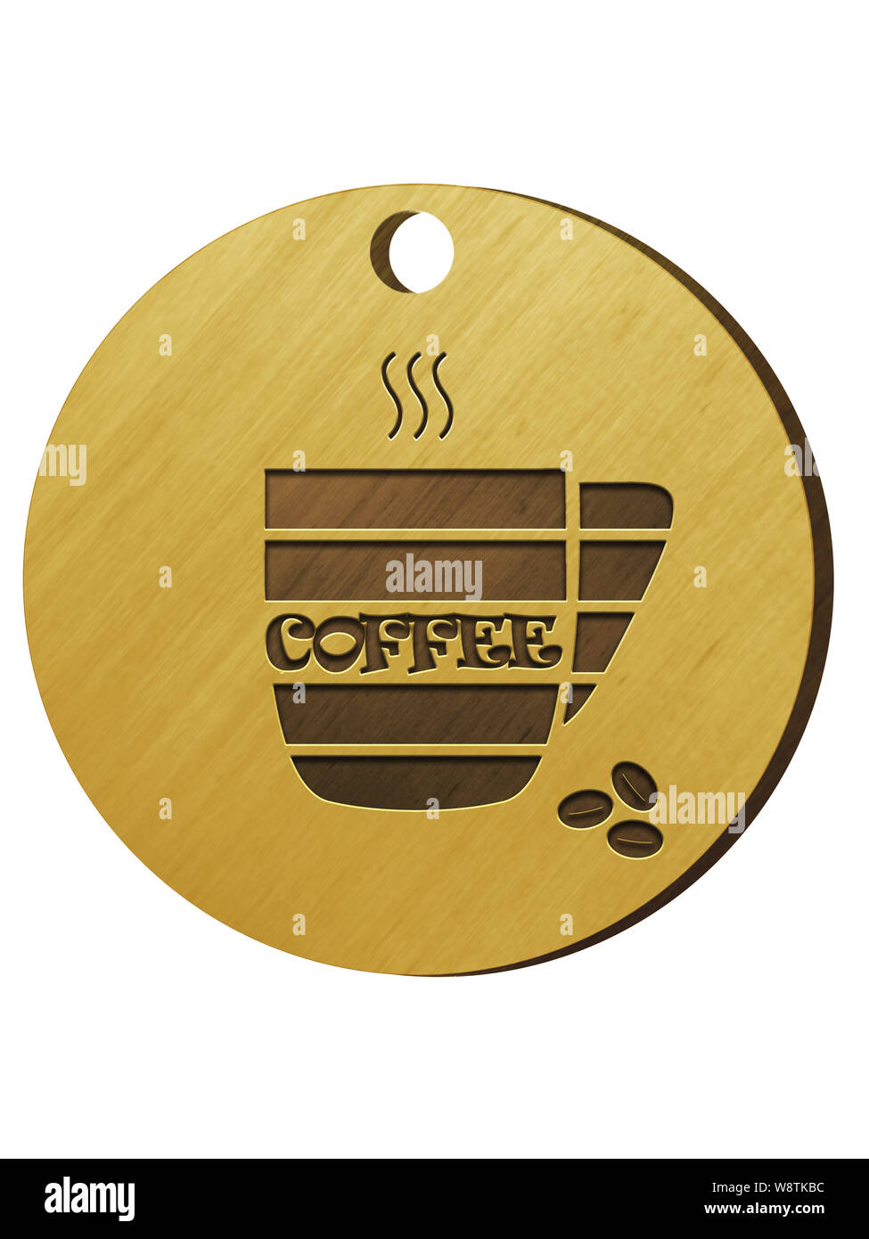 Illustrazione di caffè. Badge di legno con impresso il simbolo stilizzato della tazza da caffè, iscrizione: caffè, fumo e tre chicchi di caffè isolato su wite indietro Foto Stock