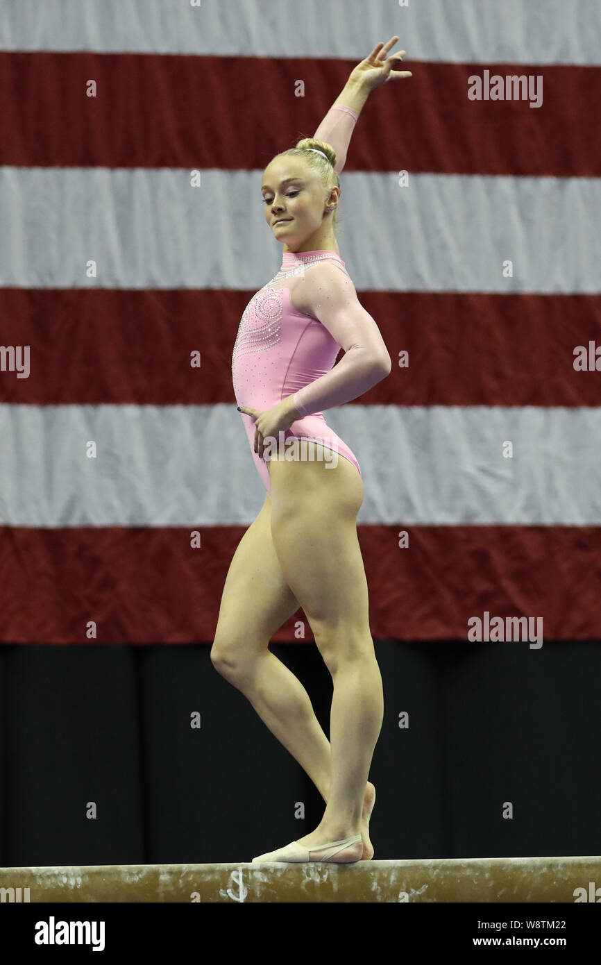 9 agosto 2019: Riley ginnasta McCusker compete durante il giorno uno dei senior donna della concorrenza al 2019 noi campionati di ginnastica, svoltasi a Kansas City, MO. Melissa J. Perenson/CSM Foto Stock