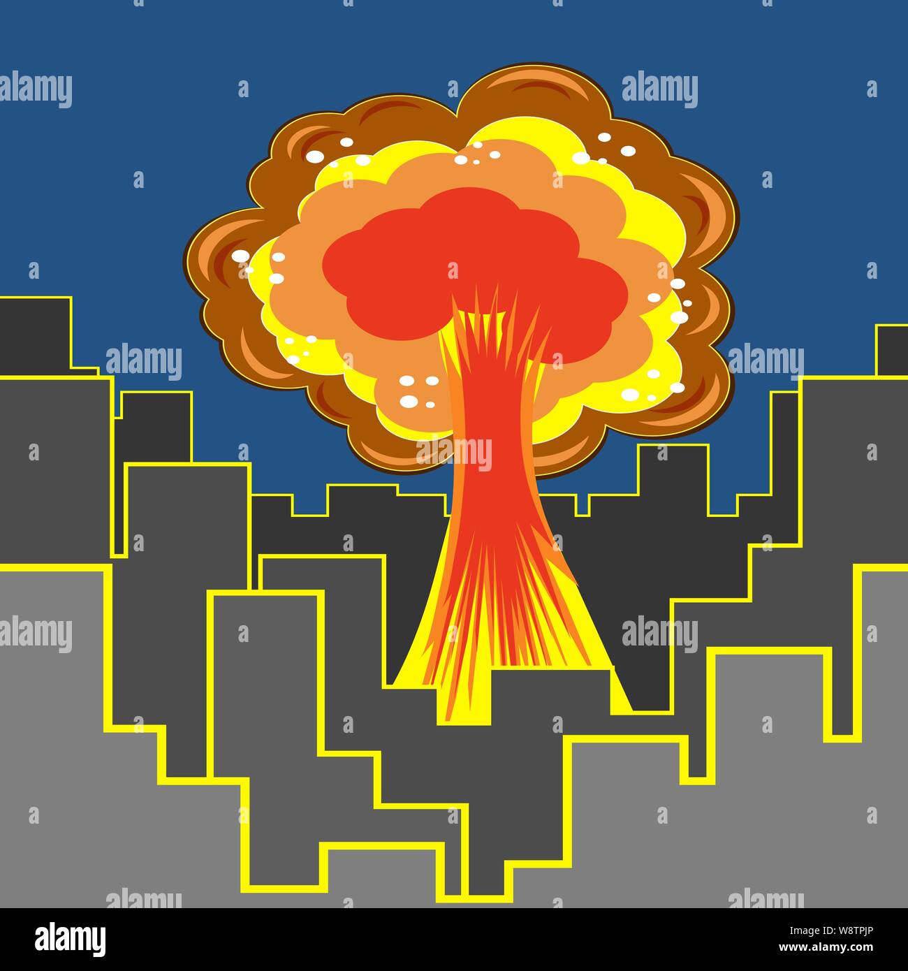 Raffica di nucleare in città. Cartoon esplosione di bomba nel centro cittadino. Radioattivo potenza atomica. Simbolo della guerra. Grosso fungo Cloud Illustrazione Vettoriale