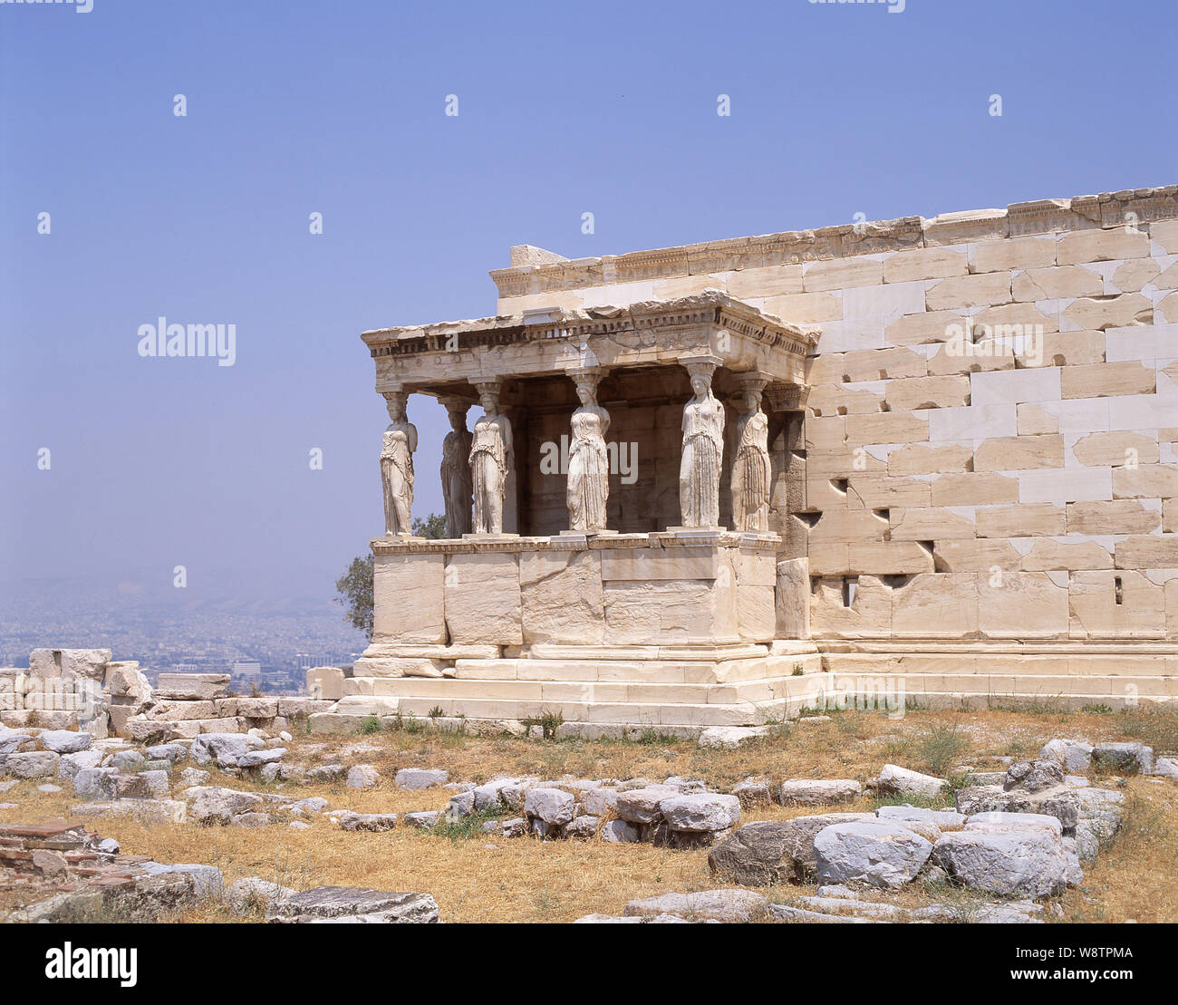 Portico delle cariatidi, il Erechtheum, Acropoli di Atene Atene (Athina), il centro di Atene, Grecia Foto Stock