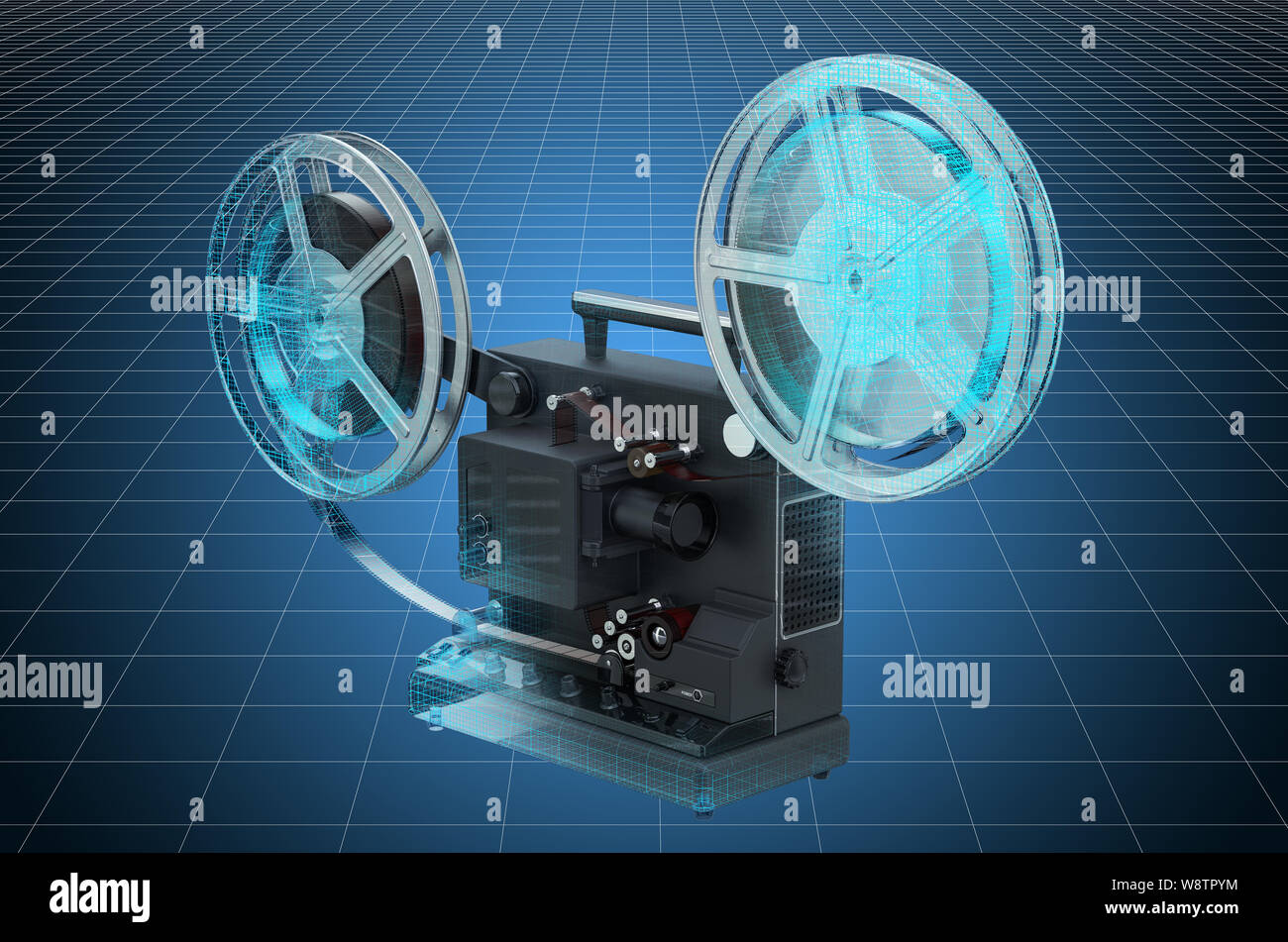 Visualizzazione 3D CAD modello di retrò proiettore cinematografico, cianografia. Il rendering 3D Foto Stock