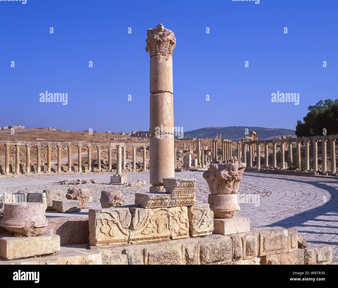 Il foro ovale e il Cardo Maximus, antica città di Jerash (Gerasa), Irbid, Maan, Regno di Giordania Foto Stock