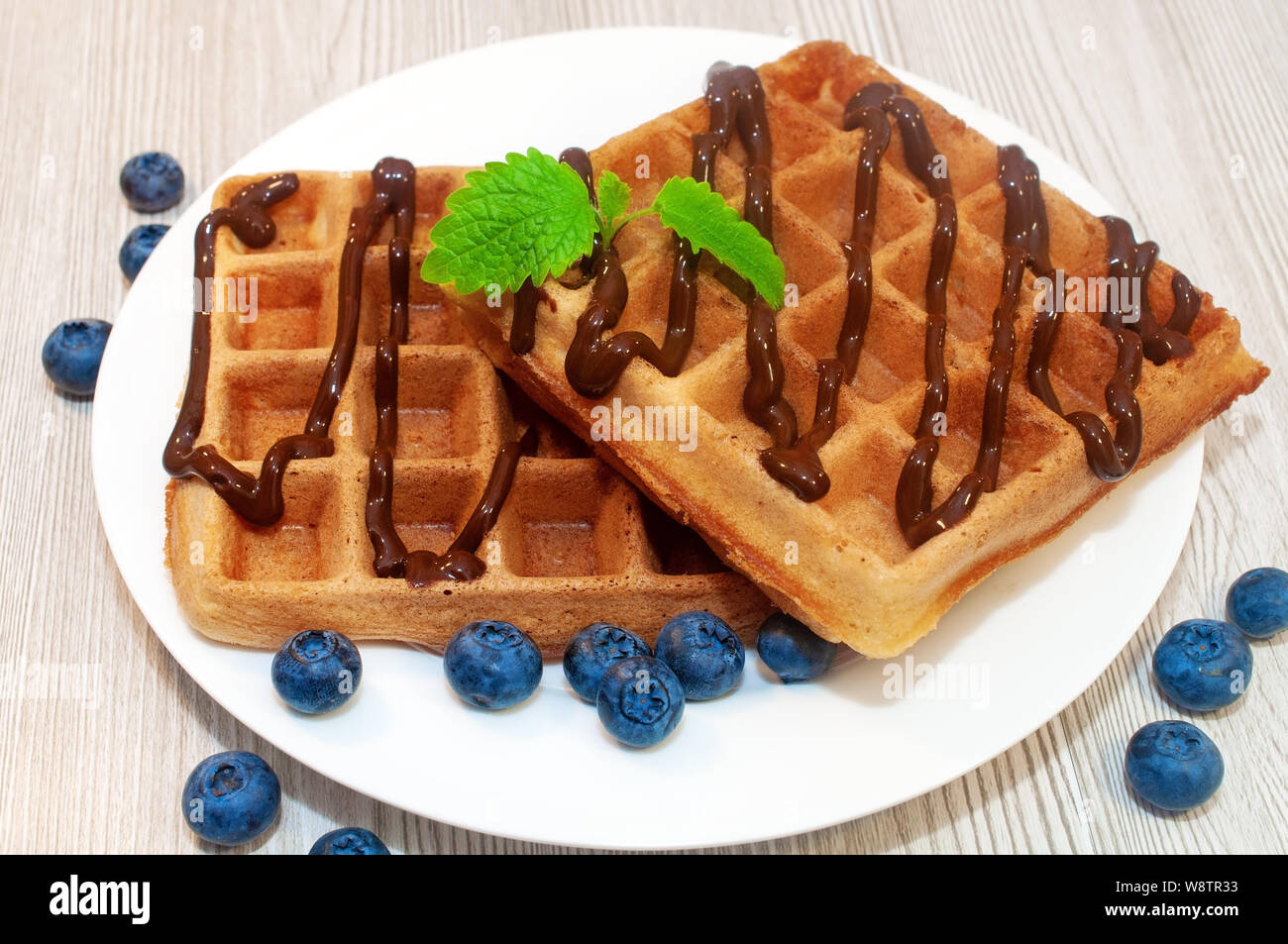 Waffle belga su una piastra con salsa di cioccolato e mirtilli Foto Stock
