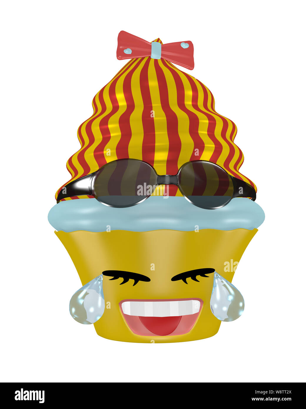 Le lacrime di ridere cupcake emoticon in stile kawaii con occhiali da sole. Il rendering 3D Foto Stock