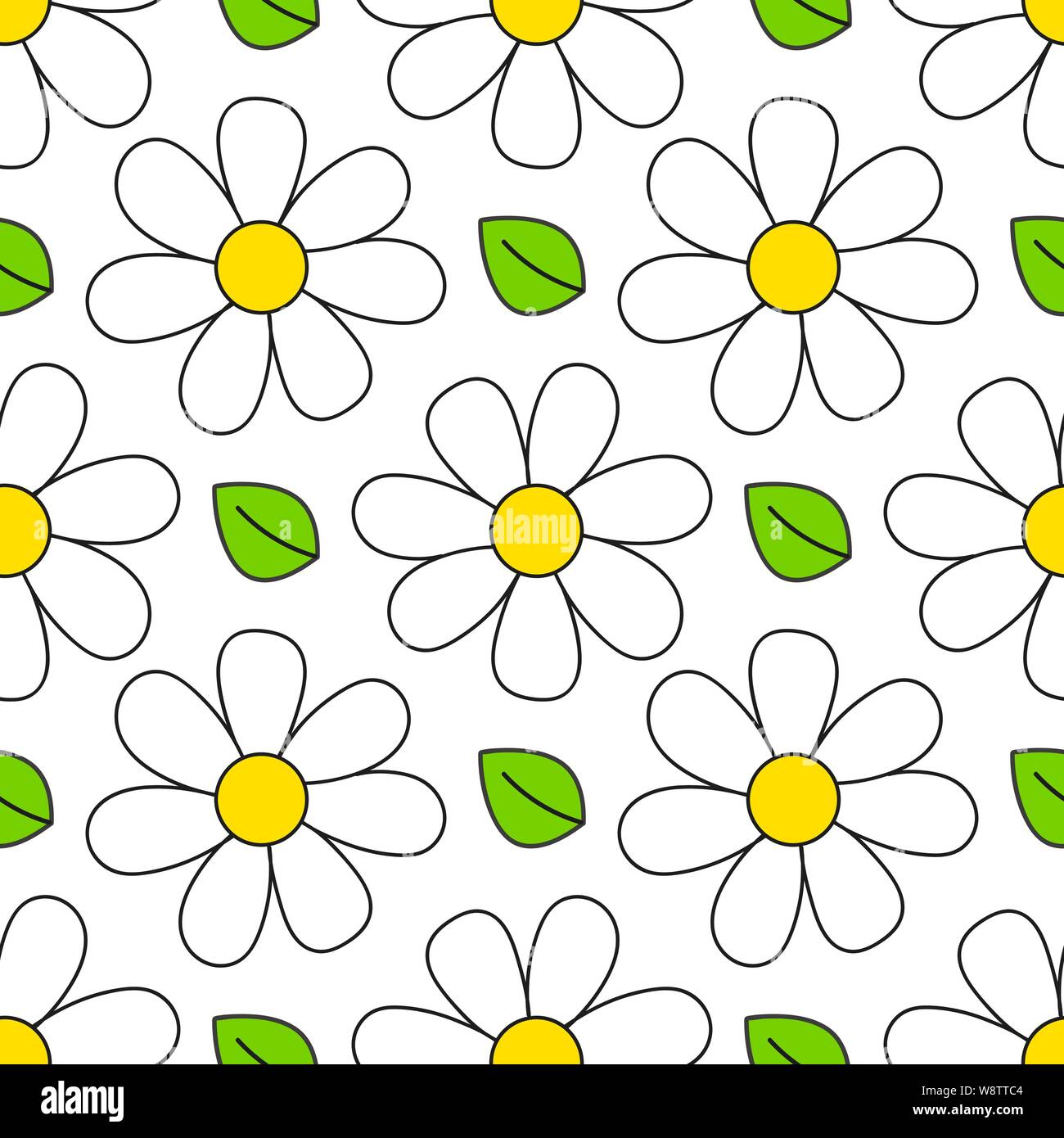 Daisy carino Seamless Pattern. Floreali in stile retrò semplice decoro. Fiori di colore bianco su uno sfondo colorato tessuto Illustrazione Vettoriale