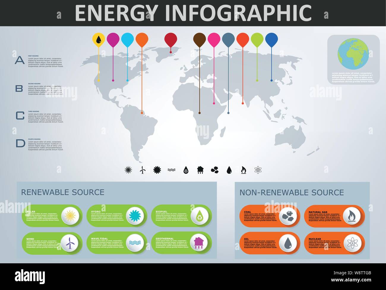 Infografico energia, template vettoriale con tecnologia energetica simboli Illustrazione Vettoriale