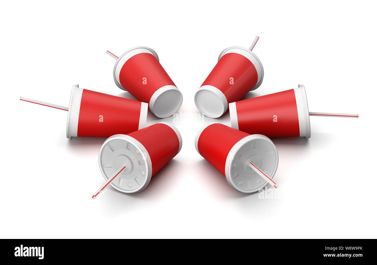 Red Fast Food Coppette con paglia su sfondo bianco 3D illustrazione Foto Stock