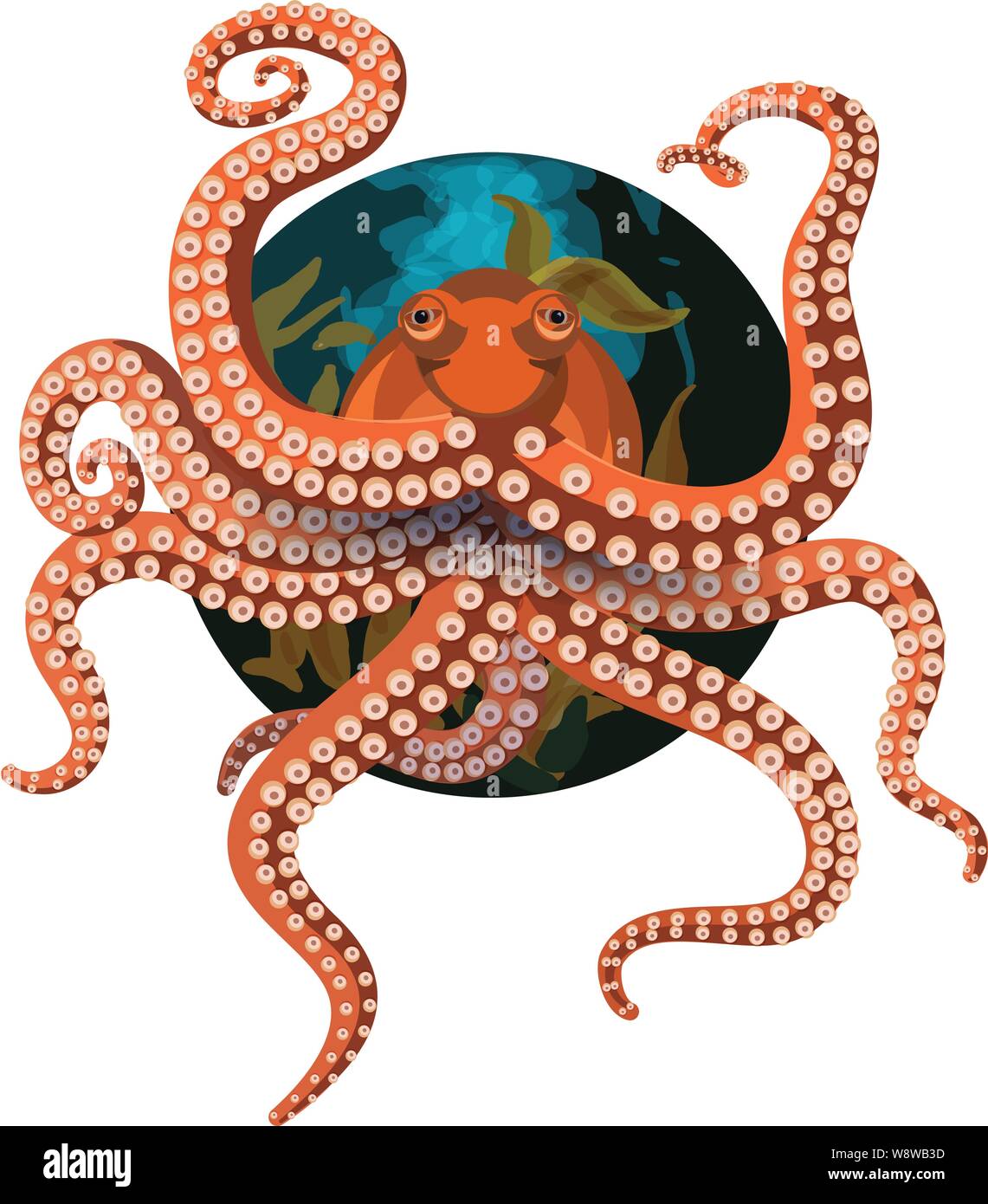 Un sorridente seamingly octopus su uno sfondo circolare con gambe suckered curling attorno ad esso con le bolle di aria e le alghe dietro Illustrazione Vettoriale