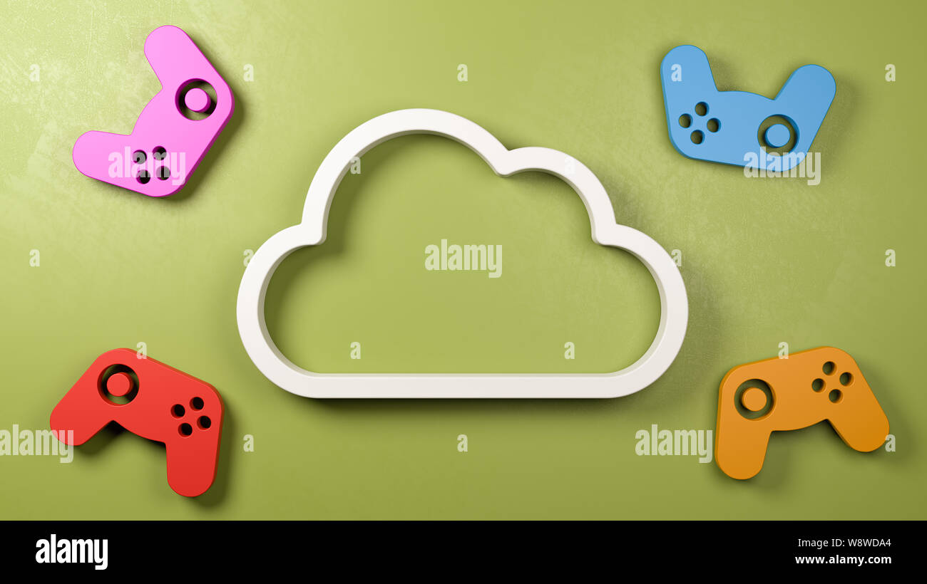 White 3D Cloud forma del simbolo con colorate controller gamepad esterno su una parete verde 3D'illustrazione, Cloud concetto di gioco Foto Stock