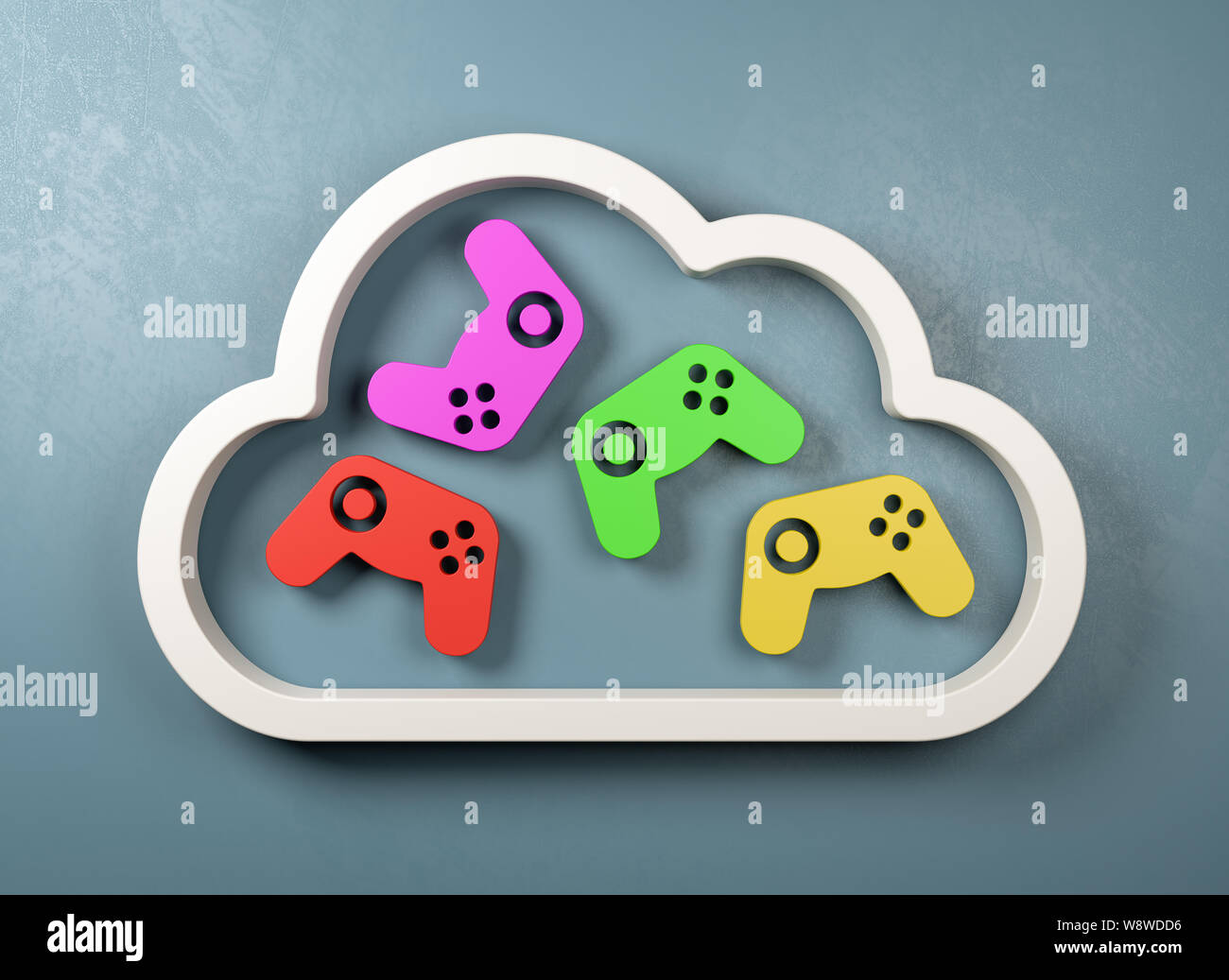 White 3D Cloud forma del simbolo con colorate controller gamepad interno su una parete blu 3D'illustrazione, Cloud concetto di gioco Foto Stock