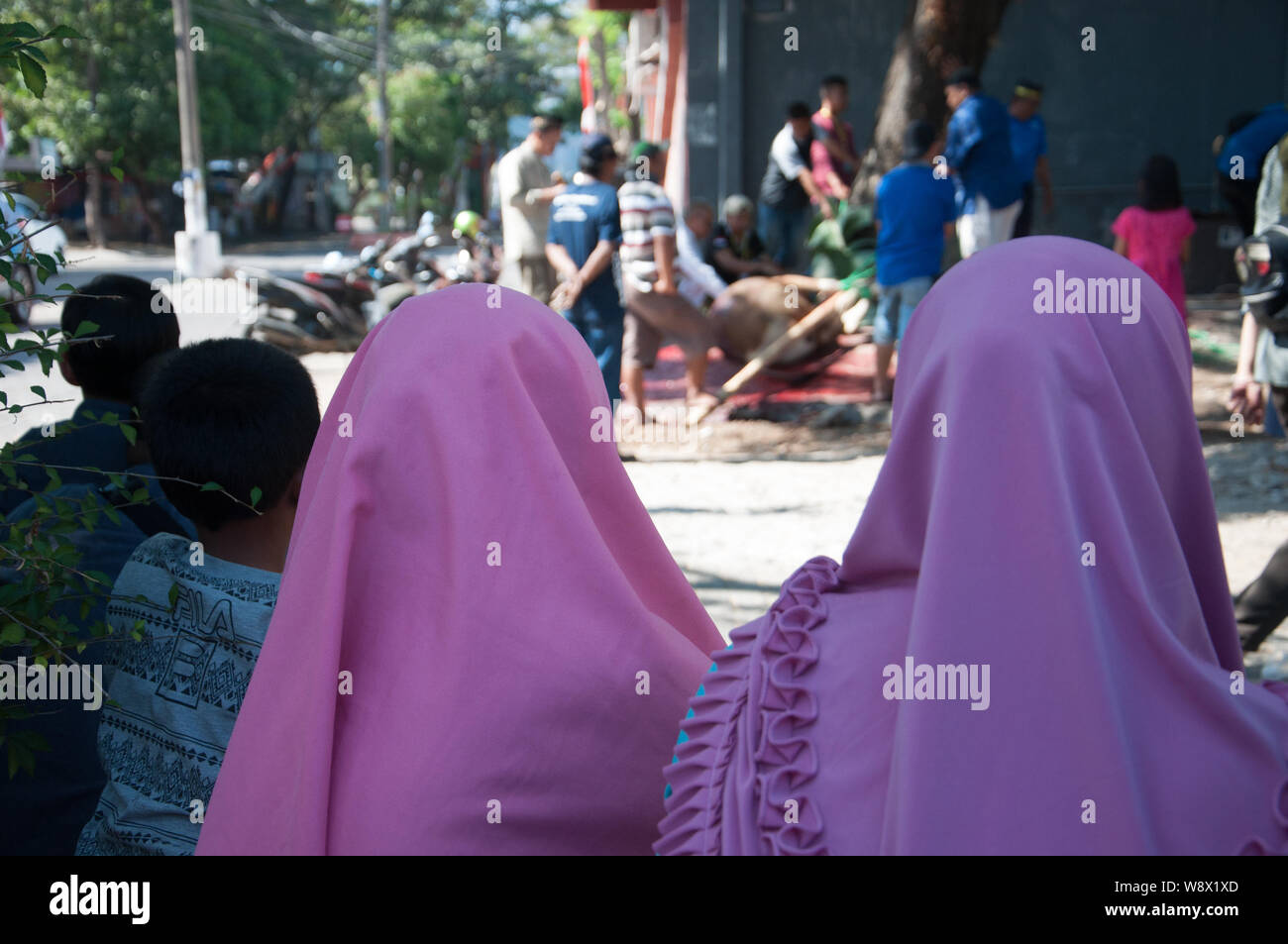 Makassar, Indonesia - Agosto 11th, 2019. La gente guarda il processo sacrificale durante l'Eid al-Adha festival. Musulmani indonesiani e i musulmani di tutto il mondo celebrano l'Eid al-Adha Domenica a Lunedi. Il giorno santo chiamato anche la "Festa del sacrificio", è il secondo di due festività Islamiche celebrato in tutto il mondo ogni anno dopo l'Eid al-Fitr. Foto Stock