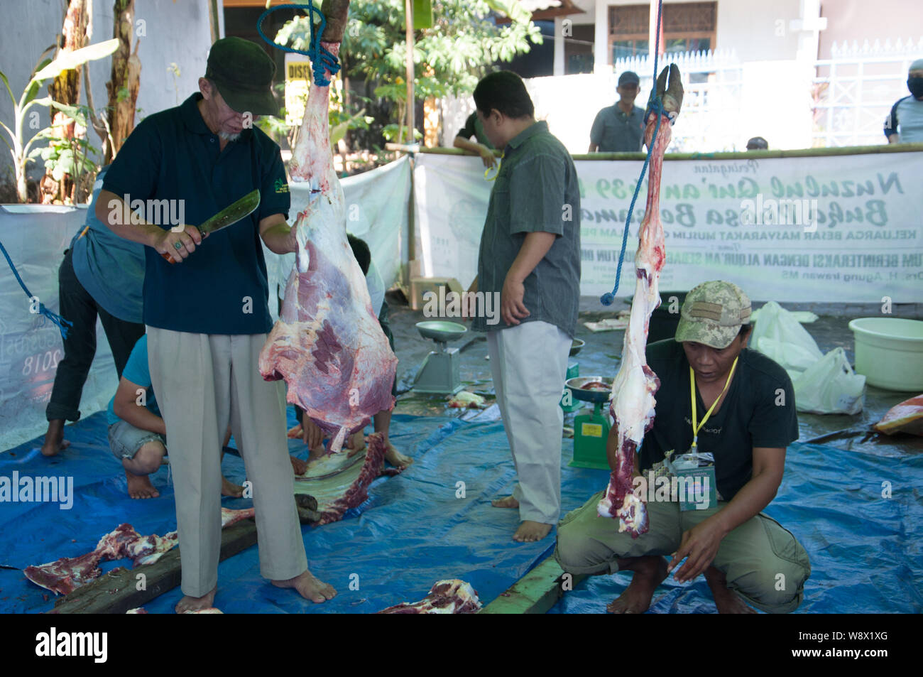 Makassar, Indonesia - Agosto 11th, 2019. Persone Processi la carne delle vacche sacrificied durante l'Eid al-Adha festival. Musulmani indonesiani e i musulmani di tutto il mondo celebrano l'Eid al-Adha Domenica a Lunedi. Il giorno santo chiamato anche la "Festa del sacrificio", è il secondo di due festività Islamiche celebrato in tutto il mondo ogni anno dopo l'Eid al-Fitr. Foto Stock