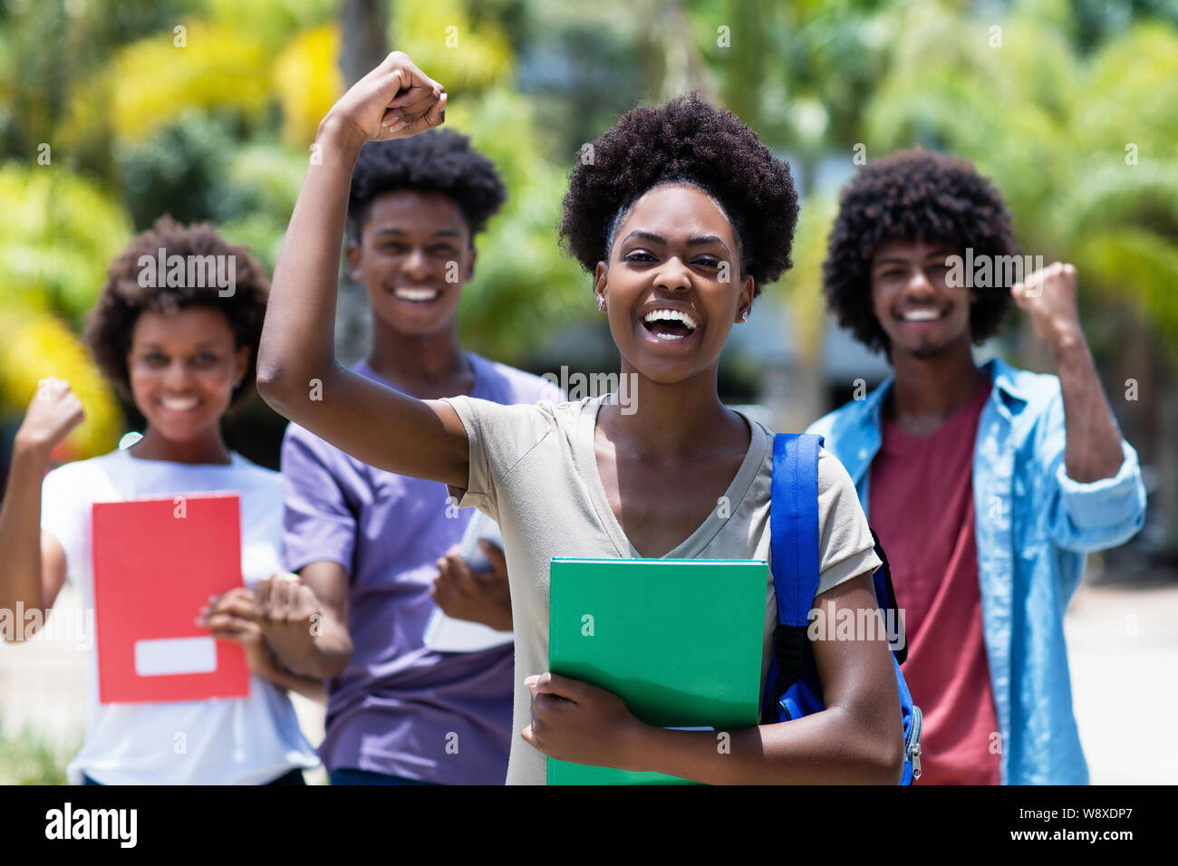 Il tifo africano studente femmina con gruppo di African American studenti all'aperto in estate Foto Stock