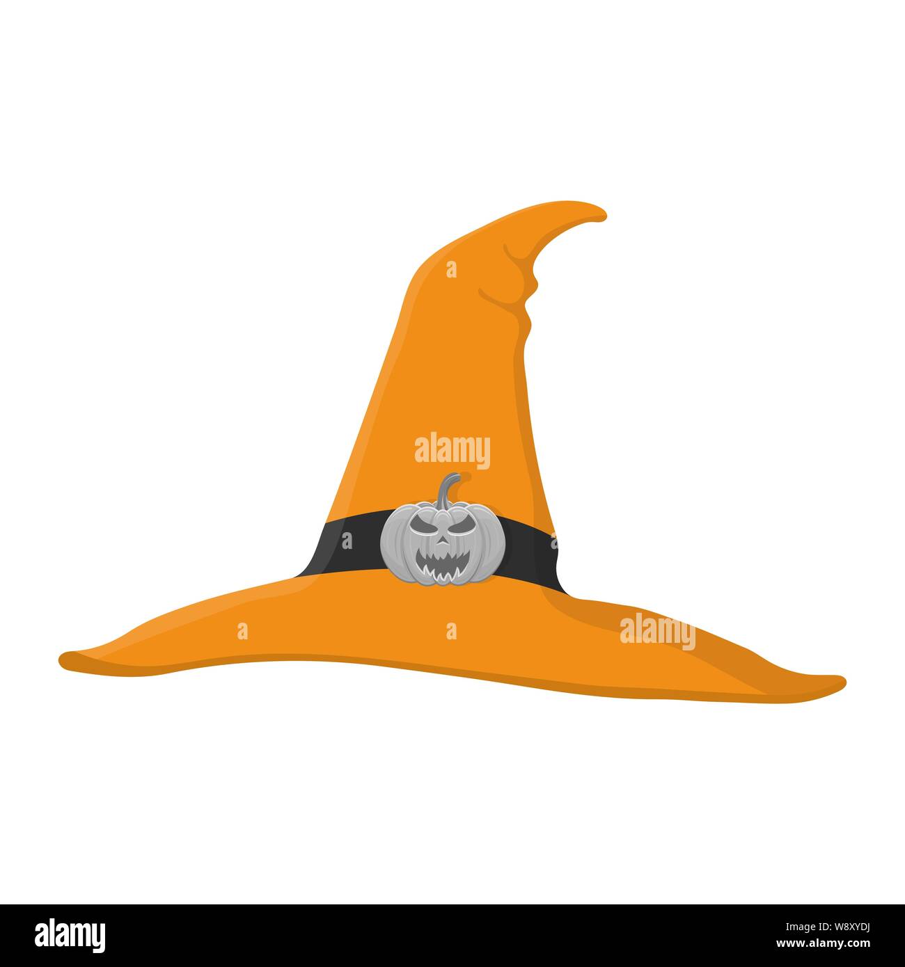 Cartoon orange witch hat con zucca isolati su sfondo bianco. Bambini Bambino costume partito masquerade. Elemento di design per la festa di Halloween. Vector illust Illustrazione Vettoriale