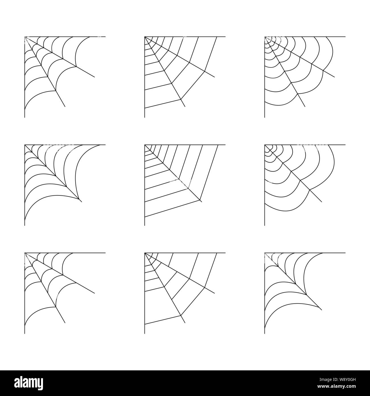 Set di quarto spider web isolati su sfondo bianco. Halloween spiderweb elementi. Collezione ragnatela lo stile della linea. Illustrazione Vettoriale per qualsiasi tipo di design Illustrazione Vettoriale