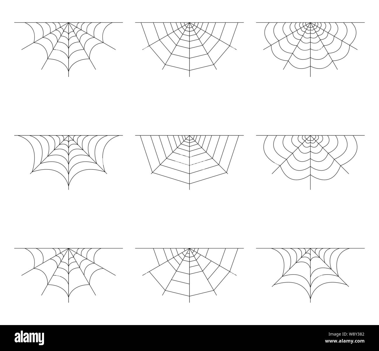 Set di metà spider web isolati su sfondo bianco. Halloween spiderweb elementi. Collezione ragnatela lo stile della linea. Illustrazione Vettoriale per qualsiasi tipo di design. Illustrazione Vettoriale