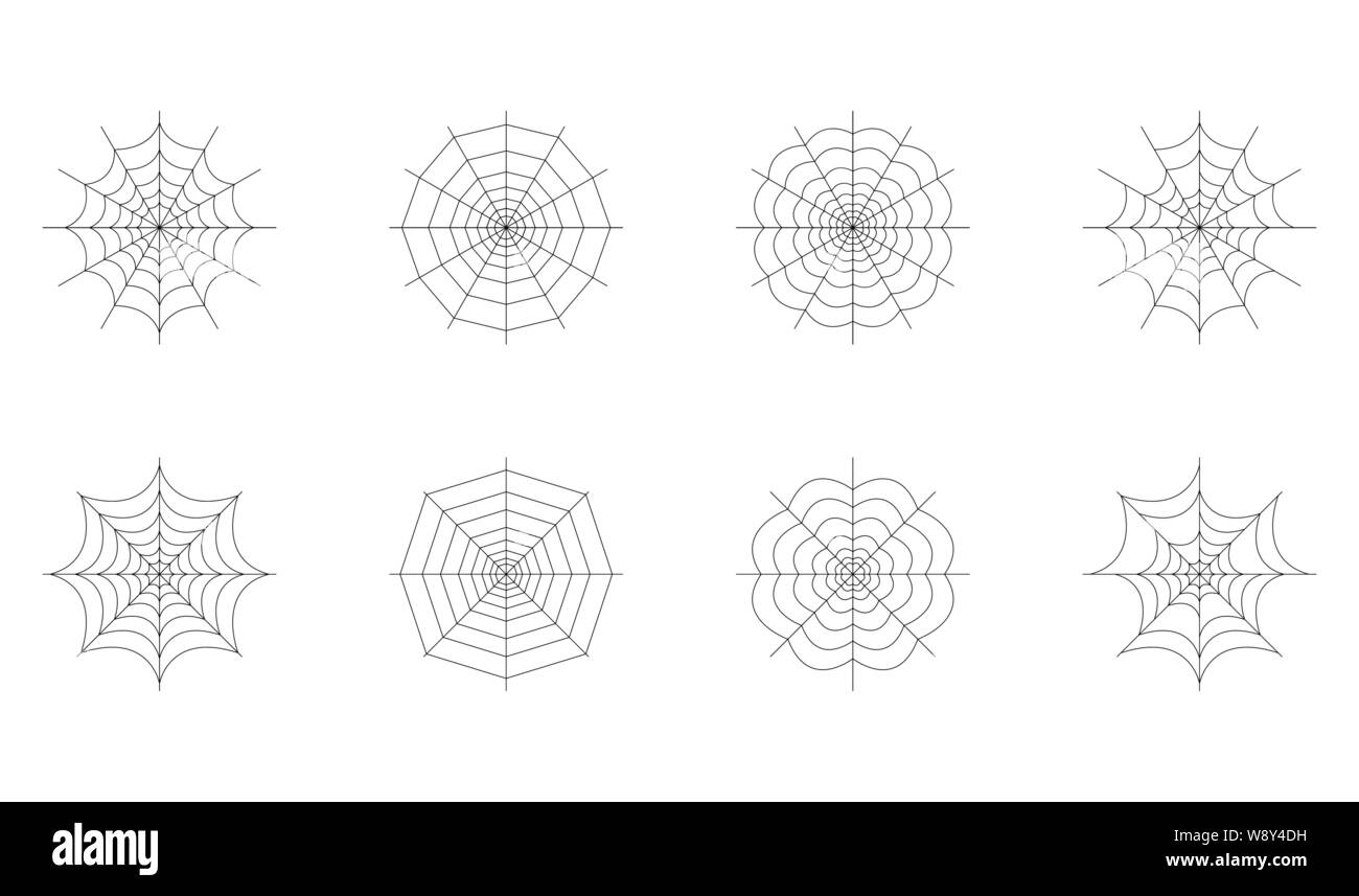 Set di spider web isolati su sfondo bianco. Halloween spiderweb elementi. Collezione ragnatela lo stile della linea. Illustrazione Vettoriale per qualsiasi tipo di design. Illustrazione Vettoriale
