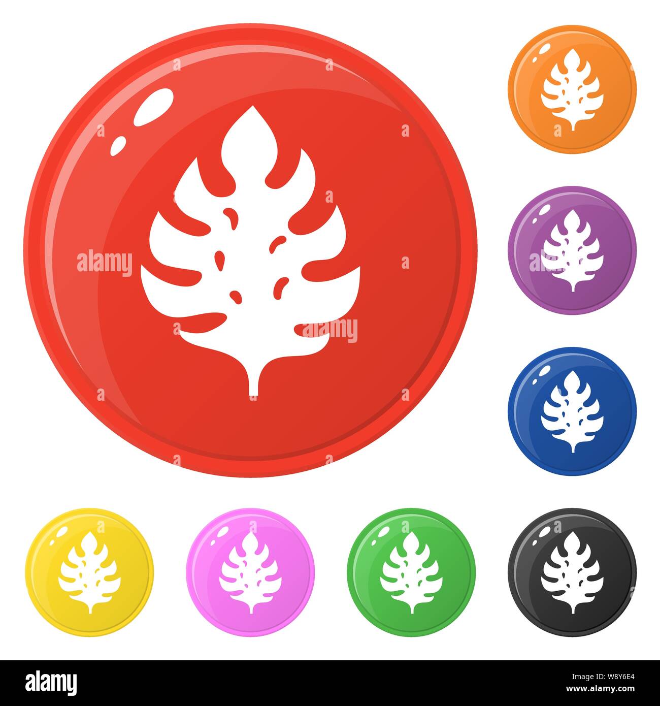 Foglia di monstera icone set 8 colori isolato su bianco. Raccolta di round lucido pulsanti colorati. Illustrazione Vettoriale per qualsiasi tipo di design. Illustrazione Vettoriale