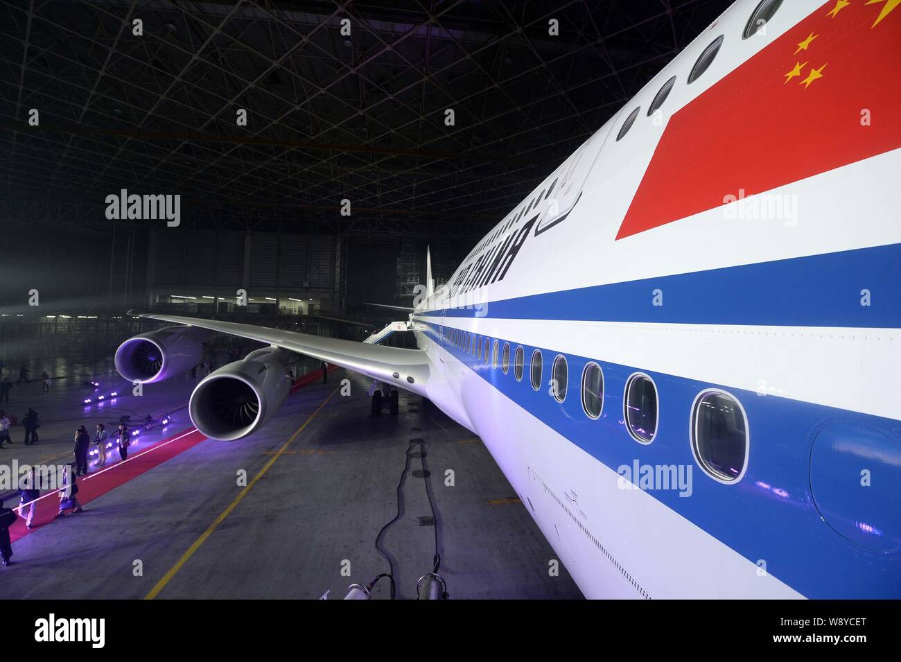 Un Boeing 747-8 è visualizzato durante un Boeing 747-8's dell'evento di lancio da parte di Air China a Pechino, in Cina, il 9 ottobre 2014. Air China ha svelato il suo più recente Foto Stock