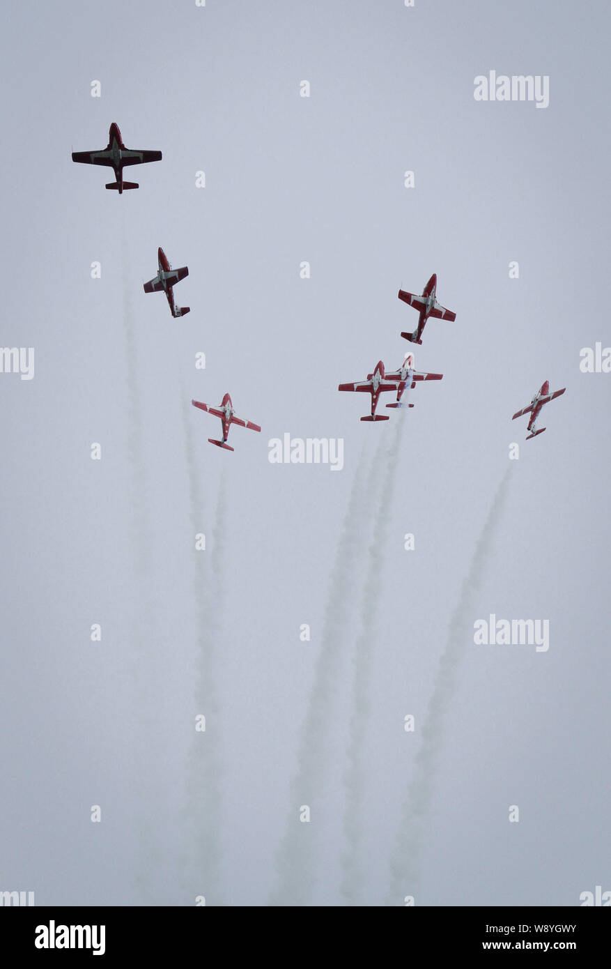 Abbotsford, Canada. 11 Ago, 2019. Le forze canadesi Snowbirds eseguire acrobazie aeree durante la 57th annuale di Abbotsford Airshow internazionale in Abbotsford, Canada, 11 Agosto, 2019. Il primo airshow prese il volo nel 1962, lanciato da un locale flying club per attirare l attenzione e business per la città di aeroporto. In seguito divenne uno dei più importanti spettacoli di aviazione in Nord America, disegno top dei piloti e degli aerei provenienti da tutto il Canada, gli Stati Uniti e l'Europa. Credito: Liang Sen/Xinhua/Alamy Live News Foto Stock