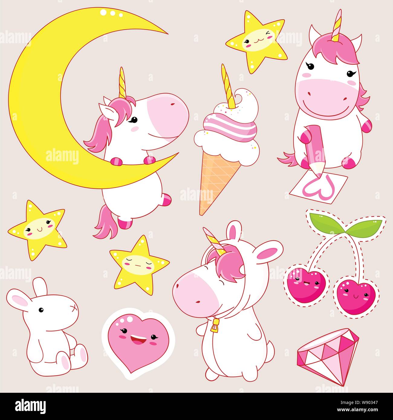 Set di unicorns carino in stile kawaii. Unicorn in crescent, con una matita in un costume di coniglio, diamante, giocattolo, gelato. EPS8 Illustrazione Vettoriale