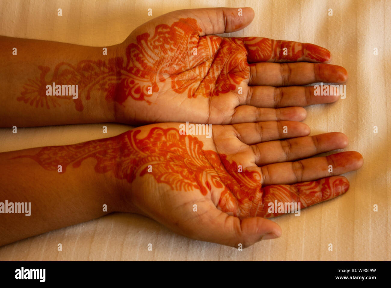 Mehndi(body art) applicata su entrambe le mani Foto Stock