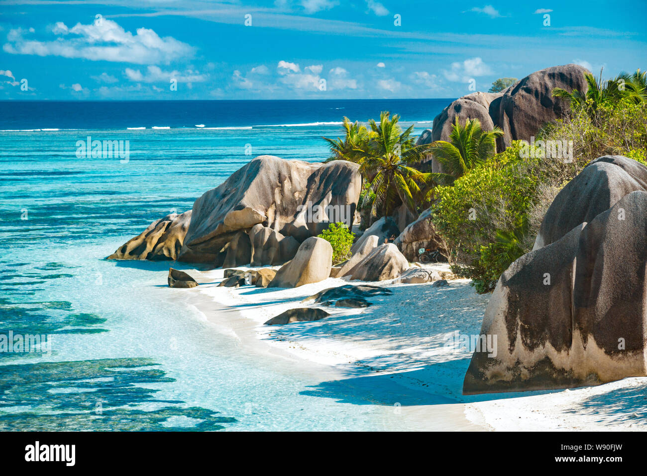 La spiaggia più bella delle Seychelles - Anse Source d'Argent Foto Stock