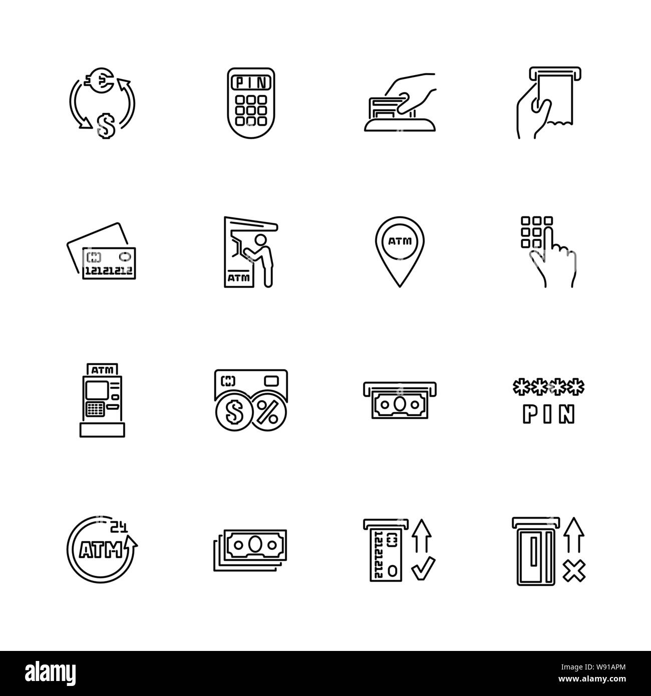 Atm set di icone - simbolo nero su sfondo bianco. Denaro e finanze illustrazione semplice simbolo - rivestiti di semplicità di segno. Vettore di piana sottile linea Icona - e Illustrazione Vettoriale