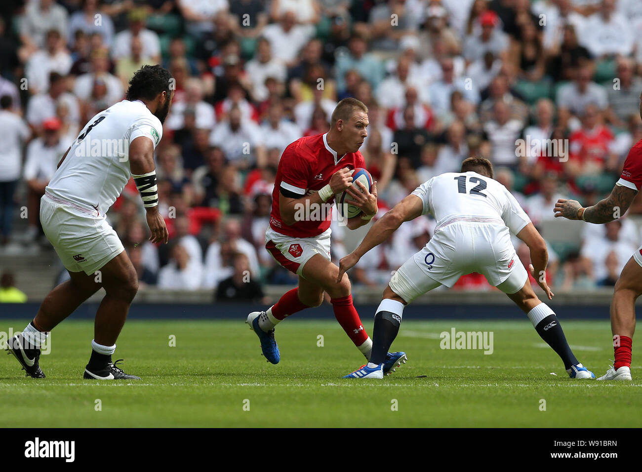 Londra, Regno Unito. 11 Ago, 2019. Liam Williams del Galles (centro) fa una pausa. Inghilterra e Galles, Quilter internazionali di rugby a Twickenham Stadium di Londra domenica 11 agosto 2019. Si prega di notare che le immagini sono per solo uso editoriale. pic da Andrew Orchard/Andrew Orchard fotografia sportiva /Alamy Live news Credito: Andrew Orchard fotografia sportiva/Alamy Live News Foto Stock