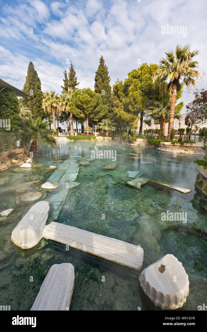 Storico piscina termale con le rovine romane in Pamukkale, Turchia. Foto Stock