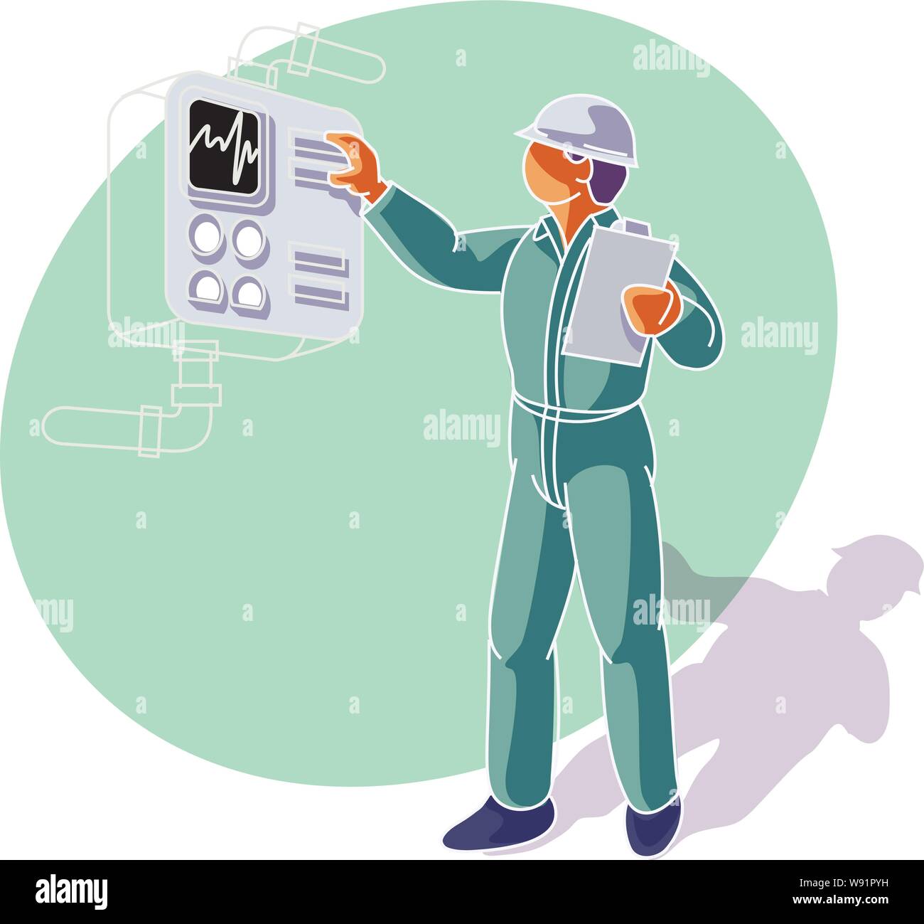 Una fabbrica di installazione/lavoratore/tecnico controlla un indicatore su un quadro della strumentazione in fabbrica Illustrazione Vettoriale