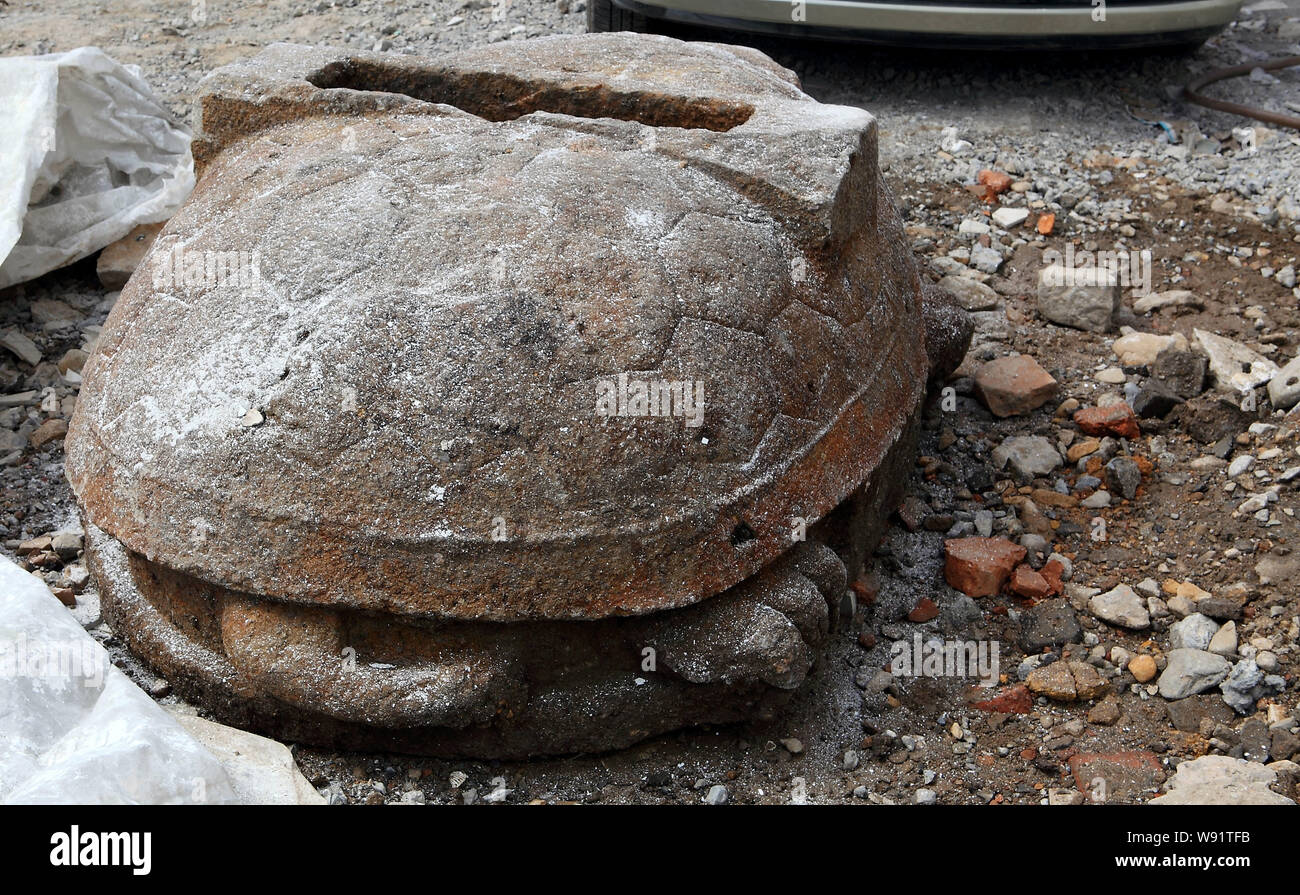 Vista del gigante di pietra turtle scoperto presso un sito di costruzione di una scuola primaria in Wenling, est Chinas nella provincia di Zhejiang, 4 ottobre 2013. Un gi Foto Stock