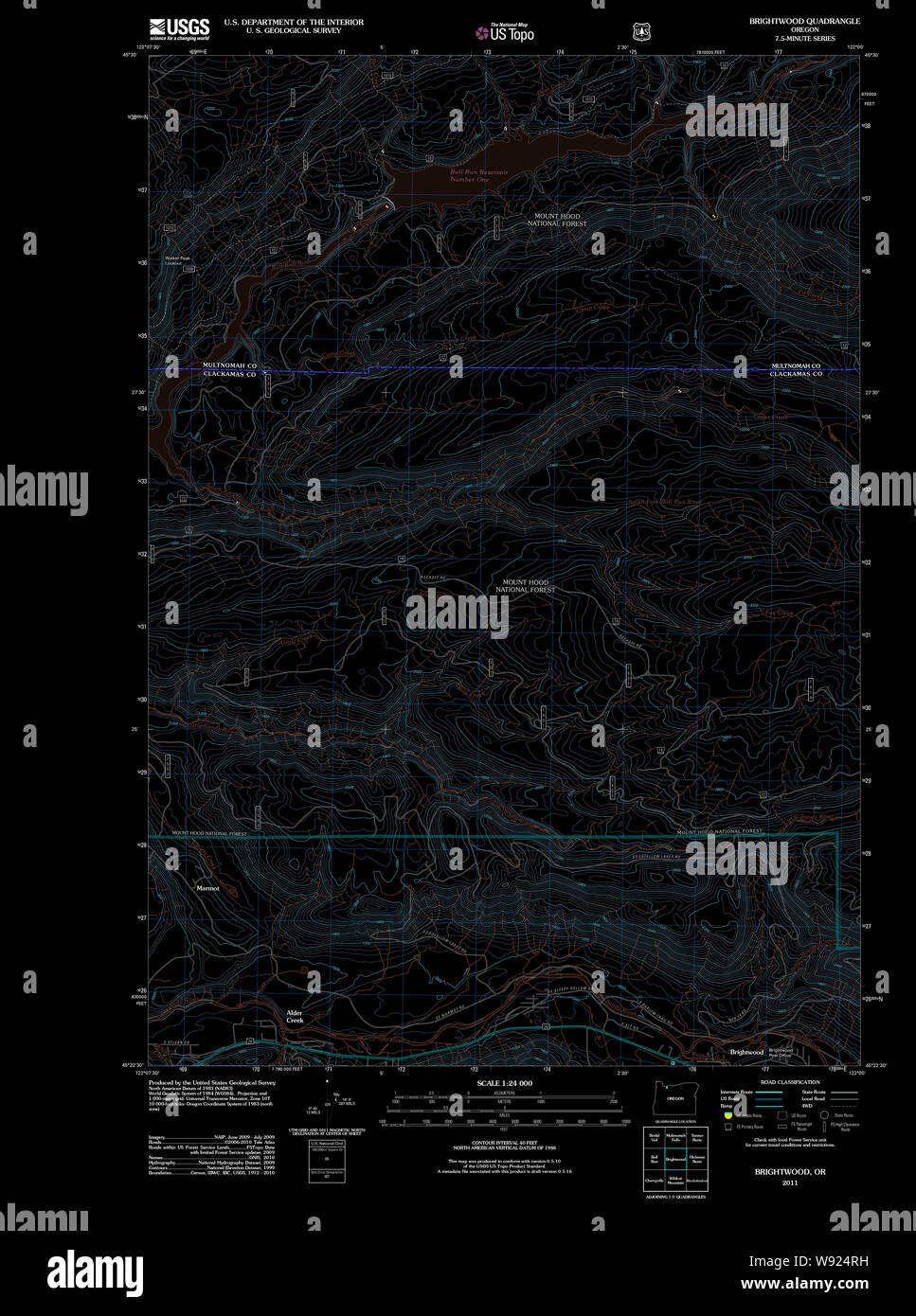 USGS TOPO Map Oregon Brightwood 20110727 TM restauro invertito Foto Stock