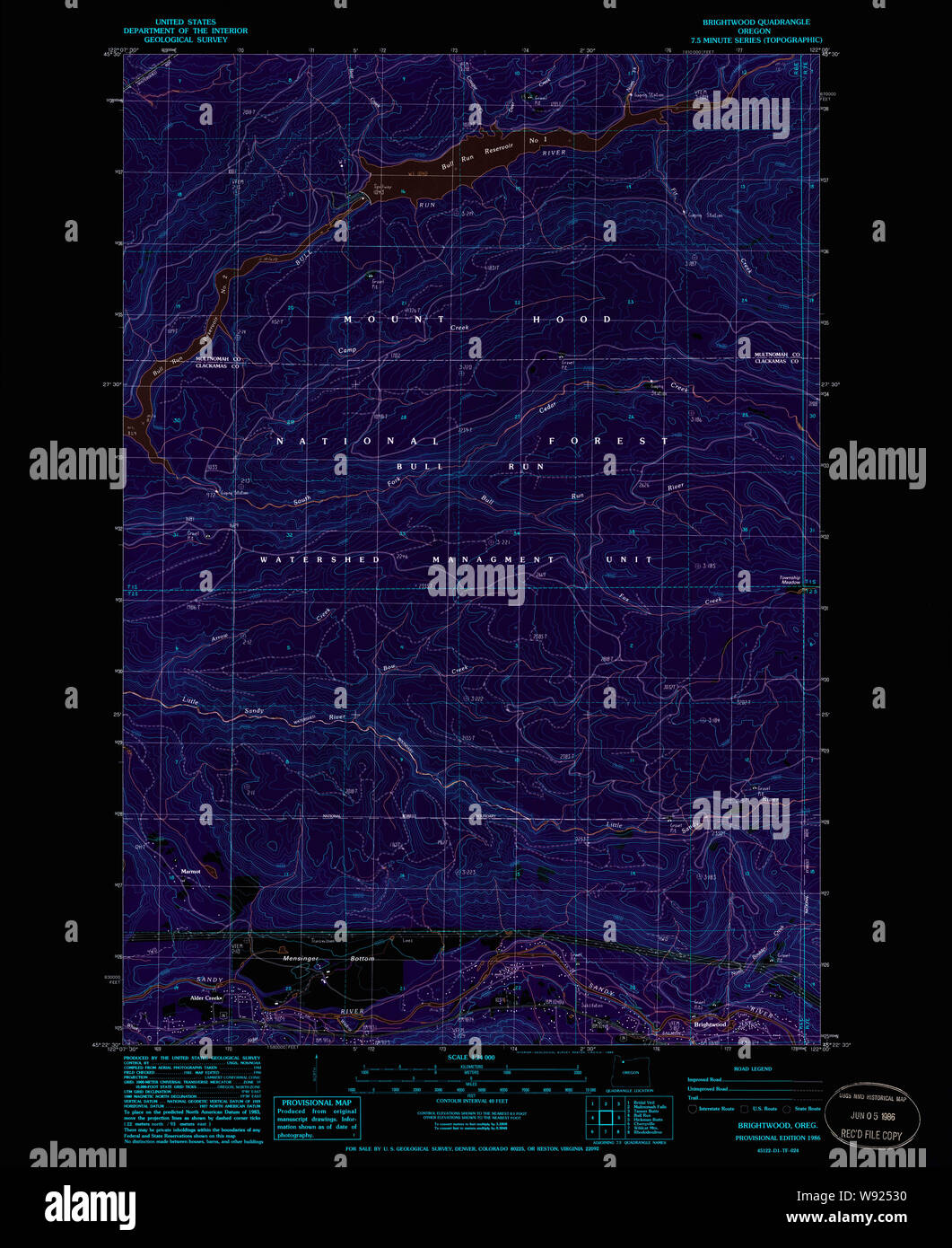 USGS TOPO Map Oregon Brightwood 279143 1986 24000 Restauro invertito Foto Stock