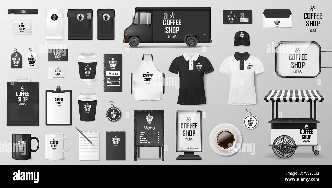 Il Branding corporate identity set per caffè, bar o ristorante. Caffè mockup design. Set realistico di cartone, Consegna del cibo carrello, coppa, pack Illustrazione Vettoriale