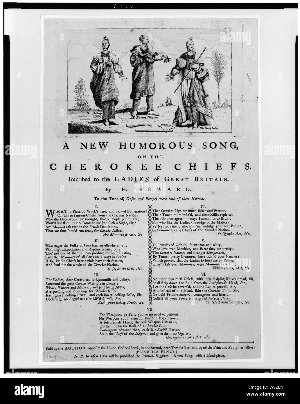 Un nuovo divertente canzone, sulla Jeep Cherokee chiefs Abstract: una fiancata comprendente sette strofe in rilievografia al di sotto di una incisione, che rappresenta tre Rosso Capi Indiani nei loro costumi nazionali questi uomini sono denominati, lo stalking la Turchia, il broncio Pidgeon, l'uomo killer. Questa satira si riferisce all'arrivo a Londra di tre capi della nazione Cherokee, su un ambasciata presso la Corte di Giorgio III, e l'impressione questi inviati prodotte in Inglese è descritto in versi. Foto Stock