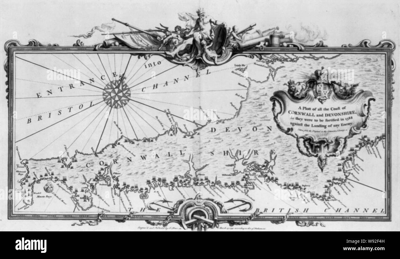 Un Plott di tutta la costa delle contee di Cornwall e del Devonshire come dovevano essere fortificato nel 1588 contro l'leanding di qualsiasi nemico Foto Stock