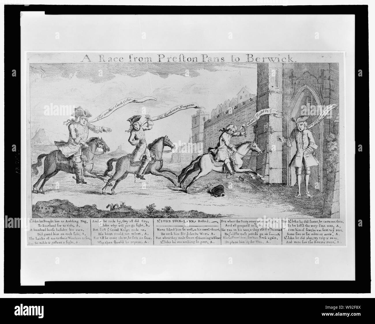 Una gara da Preston padelle per Berwick Abstract: stampa mostra il generale Sir John Cope e altri due ufficiali britannici in sella alle porte di Berwick e annunciando la sconfitta delle forze britanniche a Prestonpans dalla Scots sotto la leadership di Charles Edward Stuart. Il test al di sotto dell'immagine ridicules affrontare il comportamento durante la battaglia. Foto Stock