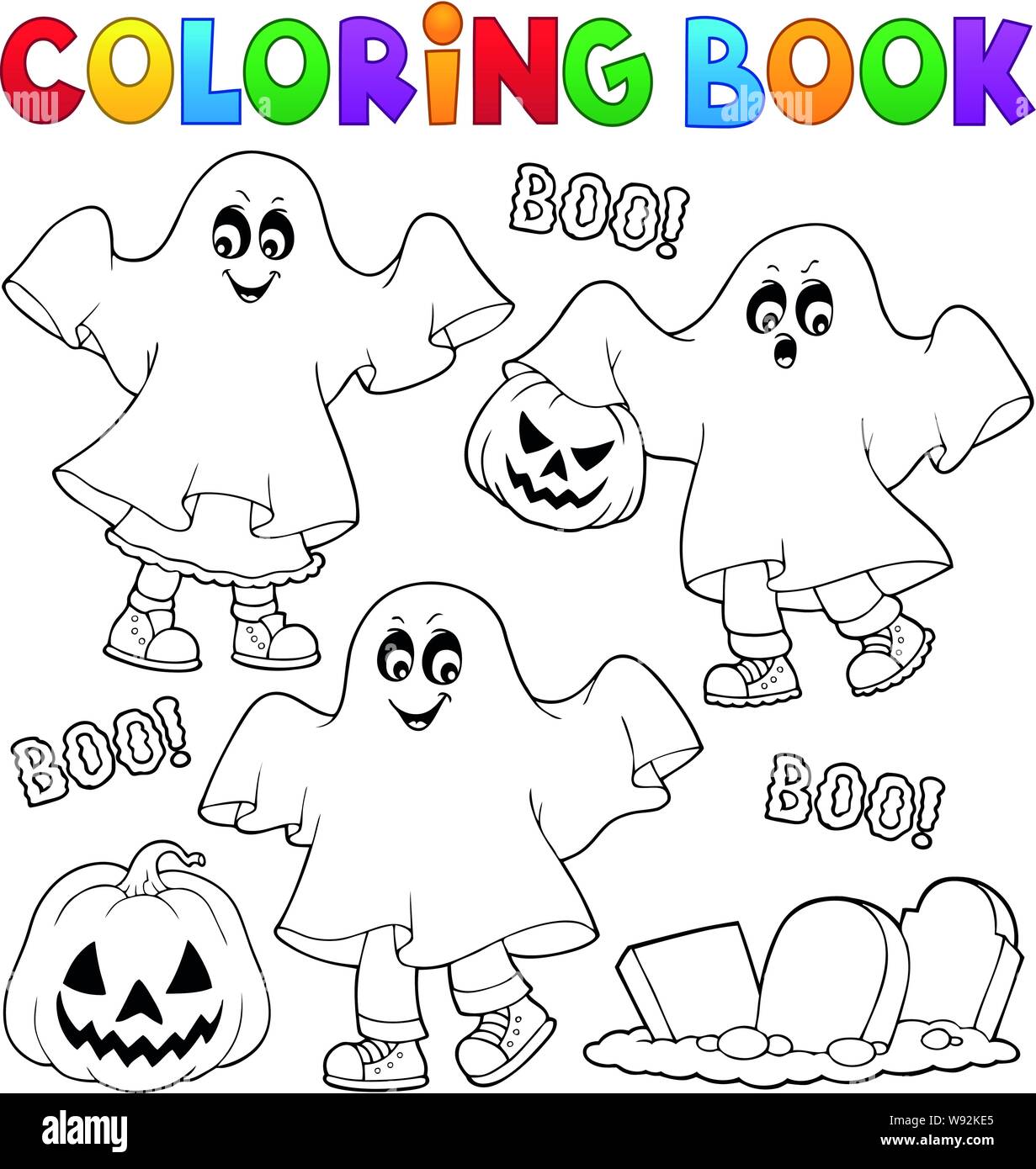 Libro da colorare i bambini in costumi ghost 1 - eps10 illustrazione vettoriale. Illustrazione Vettoriale