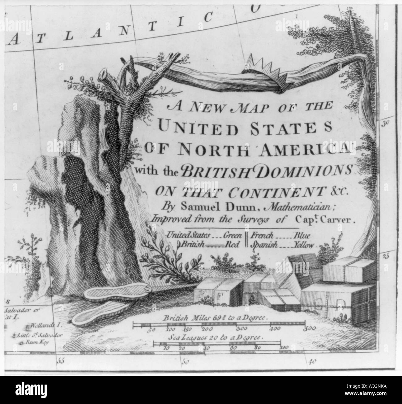 Una nuova mappa degli Stati Uniti d'America del Nord con i domini britannici di quel continente &c / da Samuele Dunn, matematico migliorata da indagini di Capt. Carver. Foto Stock