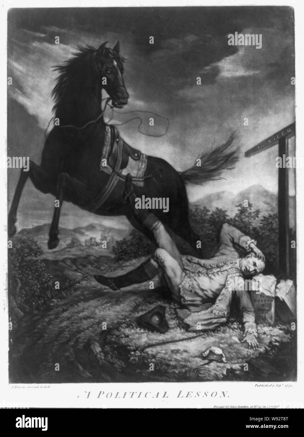Una lezione politica Abstract: stampa mostra un allevamento di stallone nero (possibilmente in rappresentanza di America) che ha gettato il suo pilota (eventualmente che rappresentano l'Inghilterra). Il pilota ha colpito la sua testa su un mile marker di Boston vi miglia dietro il quale è un cartello che indica la via verso il Salem. La stampa può rappresentare la resistenza coloniale per il porto di Boston atto che si è chiuso il porto di Boston e ha causato il distacco del consiglio britannico assemblea legislativa da Boston a Salem. Foto Stock