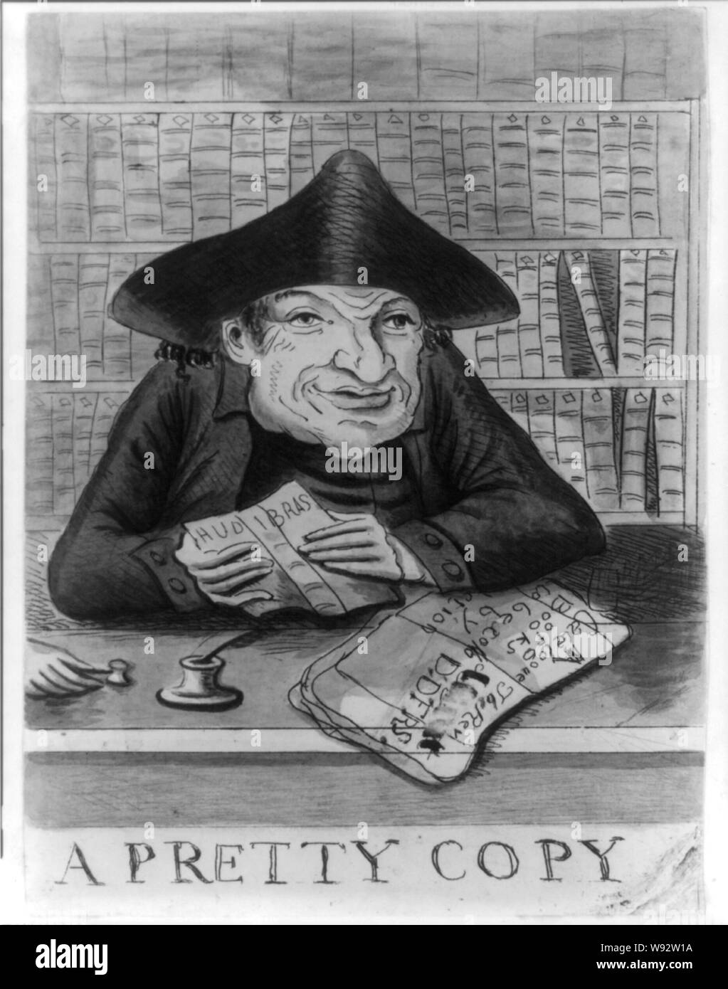 Una bella copia Abstract: UN H. L. caricatura ritratto del dottor Isaac Gossett, poggiando i gomiti su un tavolo in un libro d'aste, tenendo in mano un libro aperto, Hudibras e guardando a destra (fonte: George) Foto Stock