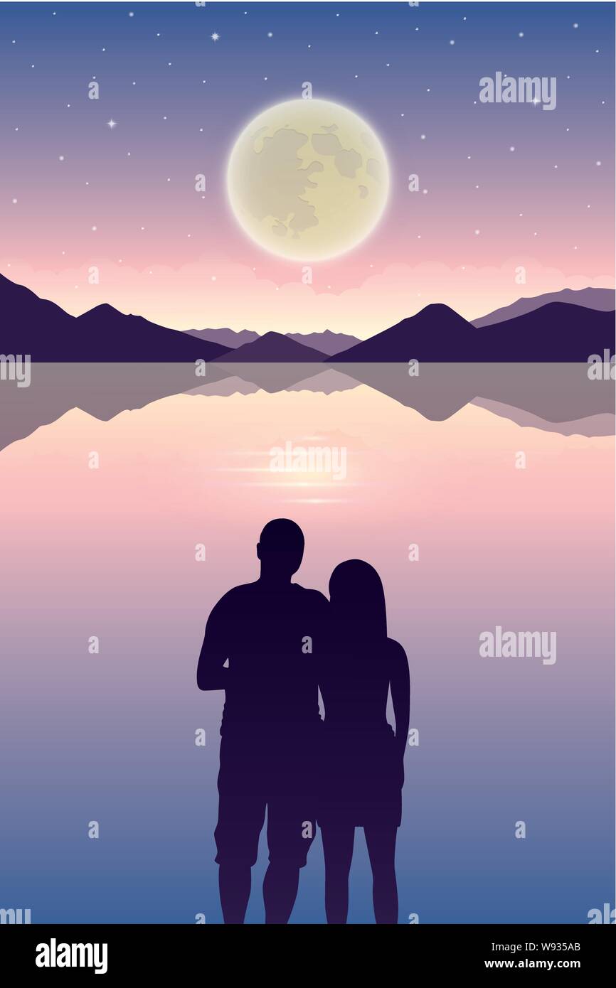Notte romantica giovane in amore al mare con la luna piena e cielo stellato illustrazione vettoriale EPS10 Illustrazione Vettoriale