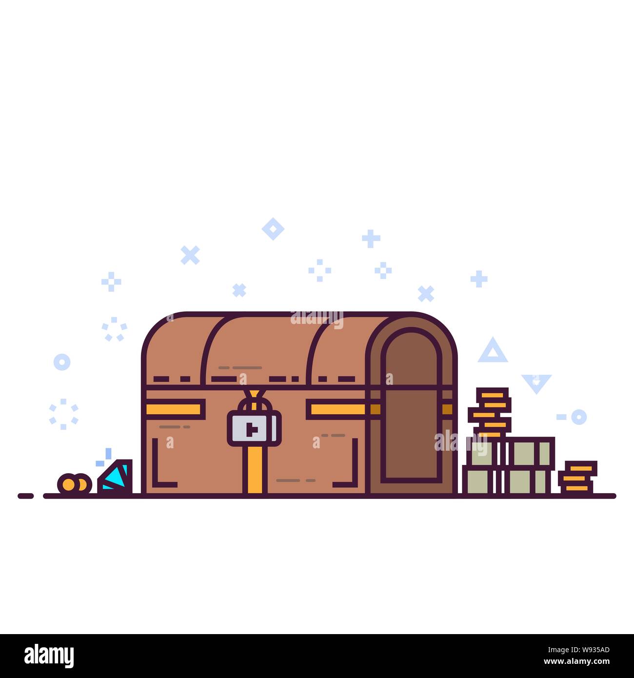 Torace chiuso con tesori. Le monete d'oro, denaro, diamanti vicino al torace. Appartamento in stile moderno linea illustrazione vettoriale con colori retrò. Modello per bann Illustrazione Vettoriale