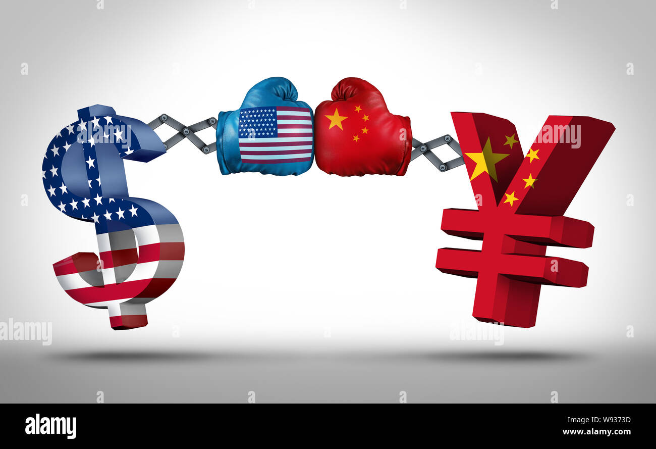 Yuan moneta dollaro lotta con la Cina Stati Uniti banca e denaro la guerra come un cinese simbolo monetario in conflitto con l'economico americano come icona Foto Stock