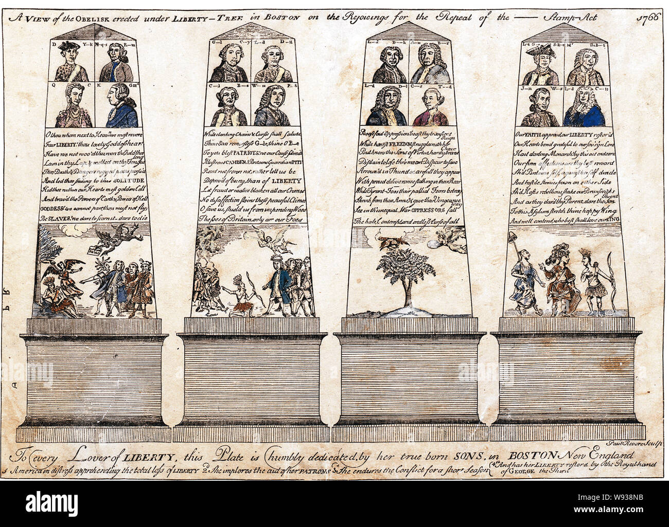 Una vista dell'obelisco eretto sotto Liberty-tree in Boston sulla rejoicings per l' abrogazione del ---- Stamp Act 1766 Abstract: una rappresentazione schematica degli illuminati obelisco eretto su Boston nella comune celebrazione dell'abrogazione della Stamp Act. Su ciascuno dei suoi quattro lati è un dipinto di trasparenza che ritrae in termini allegorici una fase nella lotta contro lo Stamp Act. Essi sono chiamati: 1. America in emergenza apprende la perdita totale della libertà. 2d. Ella implora aiuto ai suoi Patroni. 3d. Essa perdura il conflitto per una breve stagione. 4. E ha la sua libertà restord dalla Roya Foto Stock