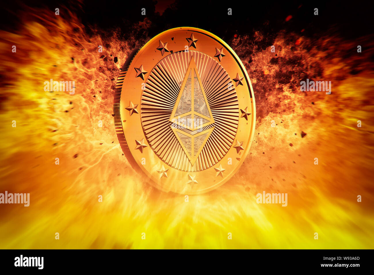 Ethereum è sul fuoco - Ethereum la moneta virtuale - 3D Rendering Foto Stock