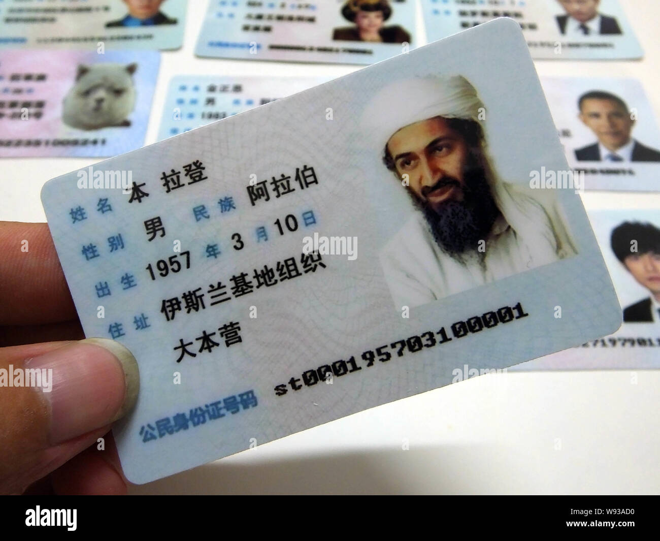 Un uomo mostra un fake cinese scheda ID dell ex leader di Al Qaeda Osama bin Laden in vendita in una fase di stallo su di una strada nella città di Guangzhou, sud Chinas Guangdong Foto Stock