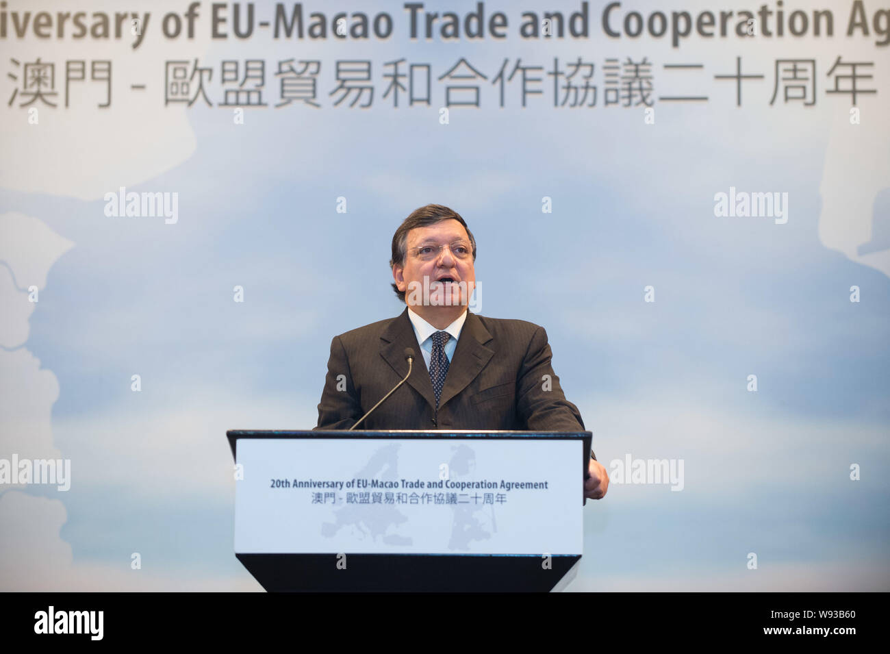 José Manuel Durao Barroso, attuale Presidente della Commissione europea, parla durante il ventesimo anniversario dell'UE-Macao il commercio e la cooperazione Agreemen Foto Stock